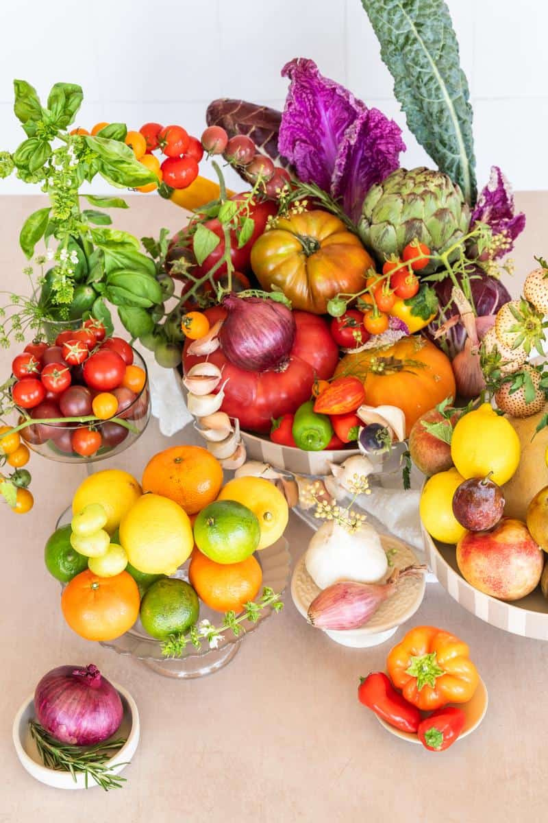 edible centerpieces with a variety of CA GROWN produce including citrus and tomatoes and fresh herbs