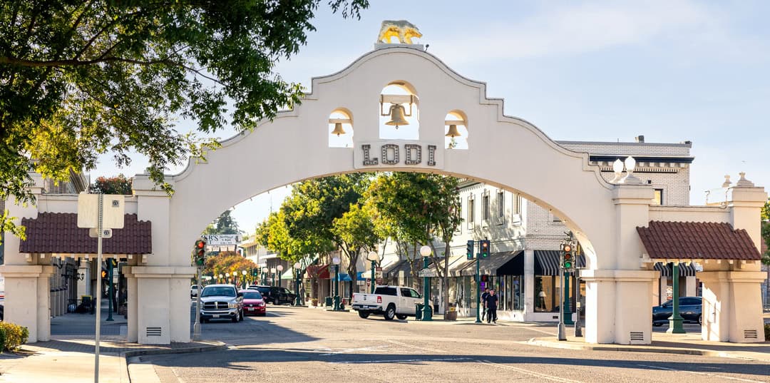 the famous Lodi sign at the entrance of Downtown Lodi