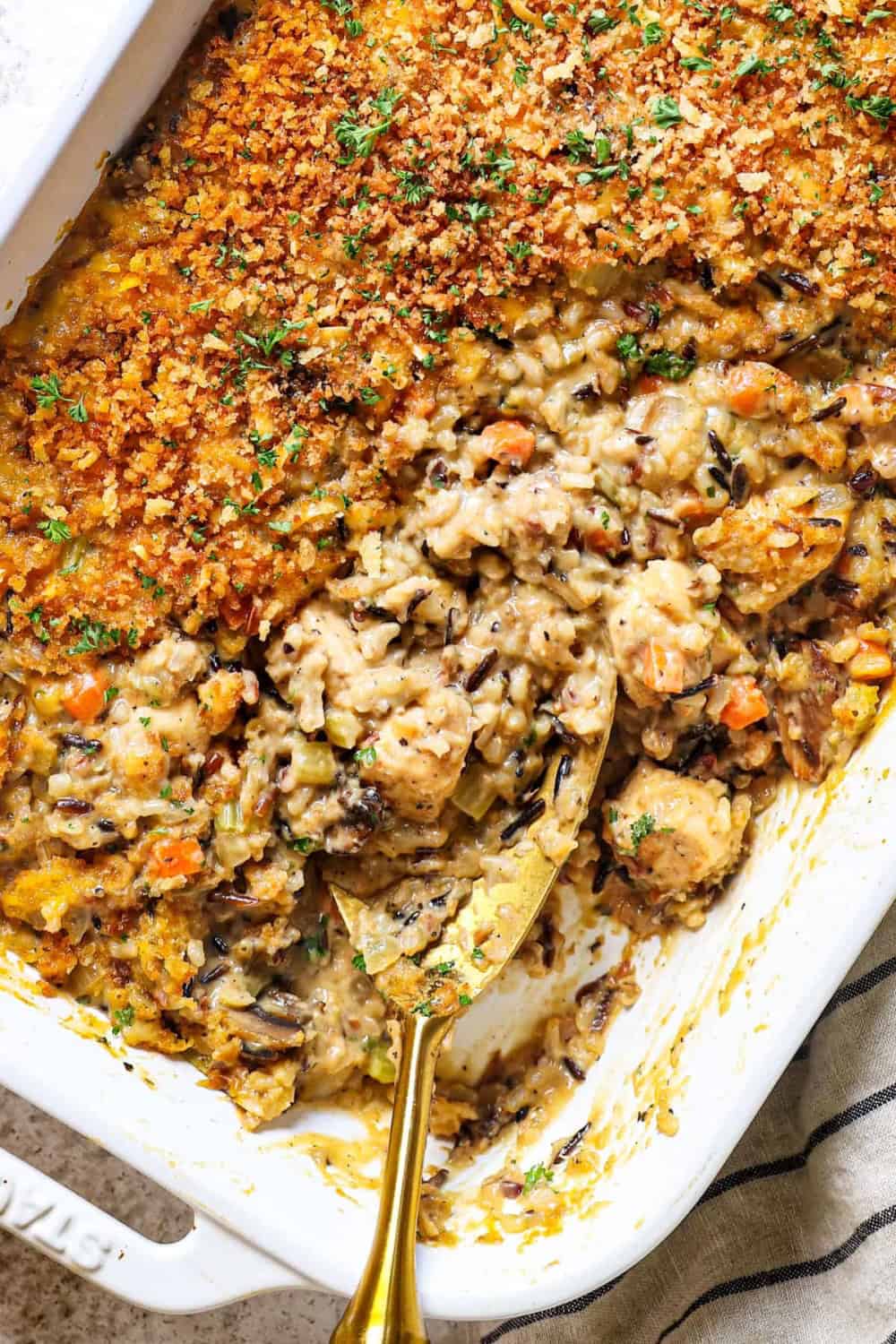 carlsbad cravings chicken and wild rice casserole in a white baking dish