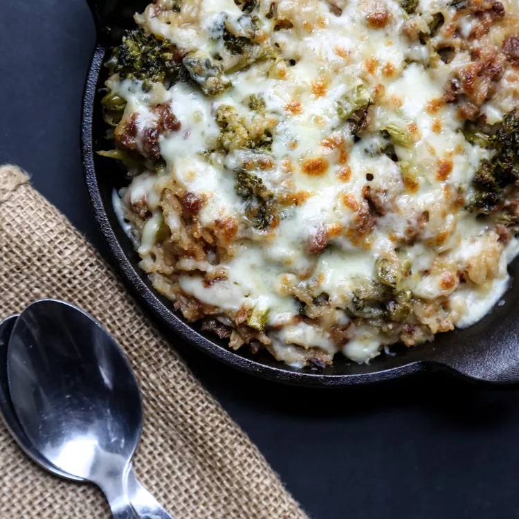 cheesy broccoli rice casserole with sausage from food and wine