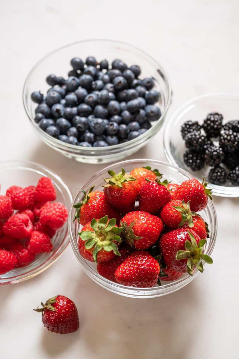 bowls of blueberries, strawberries, blackberries, California dairy
Berries Romanoff | blueberries, strawberries, blackberries