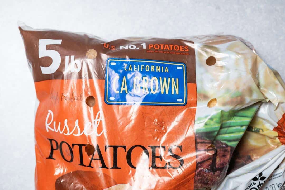 CA GROWN license plate on a bag of Cal-Ore potatoes 