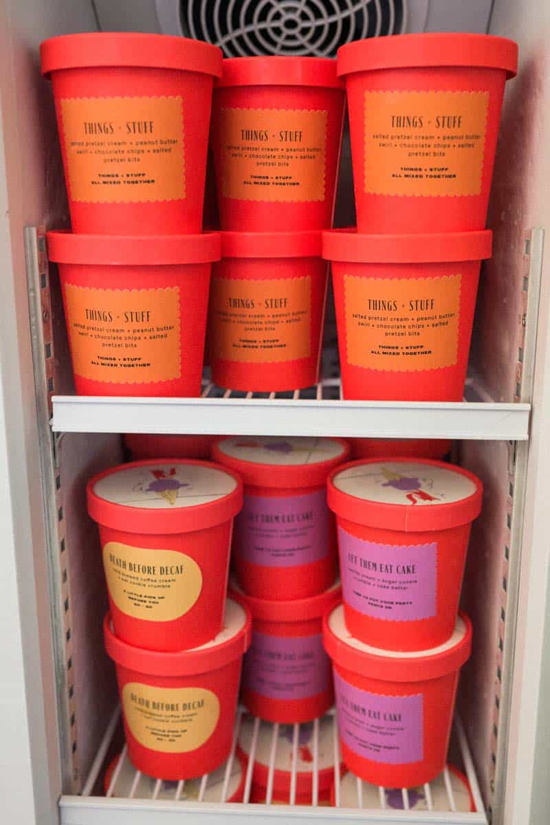 Pints of ice cream, in a freezer