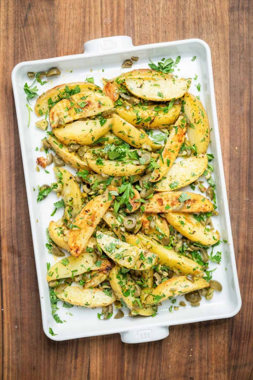 Easy Horseradish Roasted Potatoes Recipe: gold potatoes, EVOO, garlic, horseradish, ripe olives, lemon, herbs