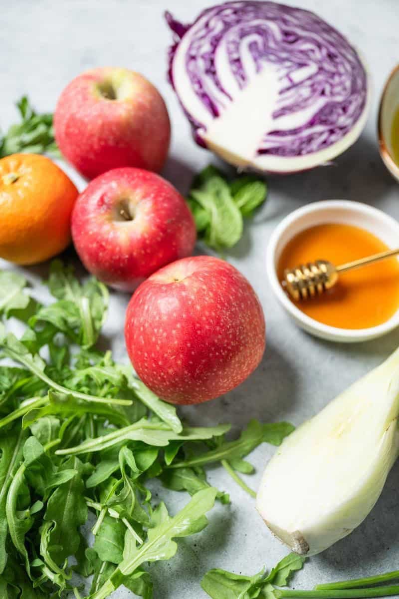 ingredients for the shaved apple fennel salad with cabbage