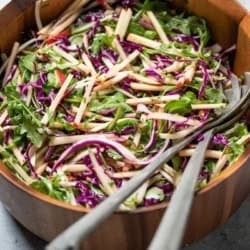 fennel apple salad in a wooden bowl