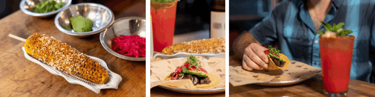 Collage of CA GROWN menu items - roasted corn, mushroom tacos, CA 75 and Watermelon Agua Fresca