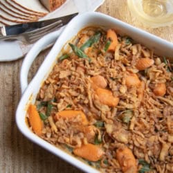 Close up of baked fresh green bean casserole.