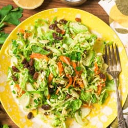 Shaved Brussels Sprouts salad on a yellow serving plate with dried fruit.