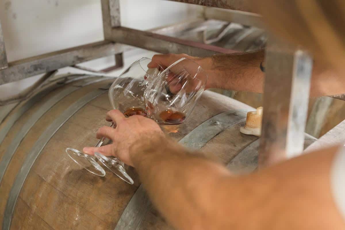 man decants wine into two wine glasses in a wine barrel room