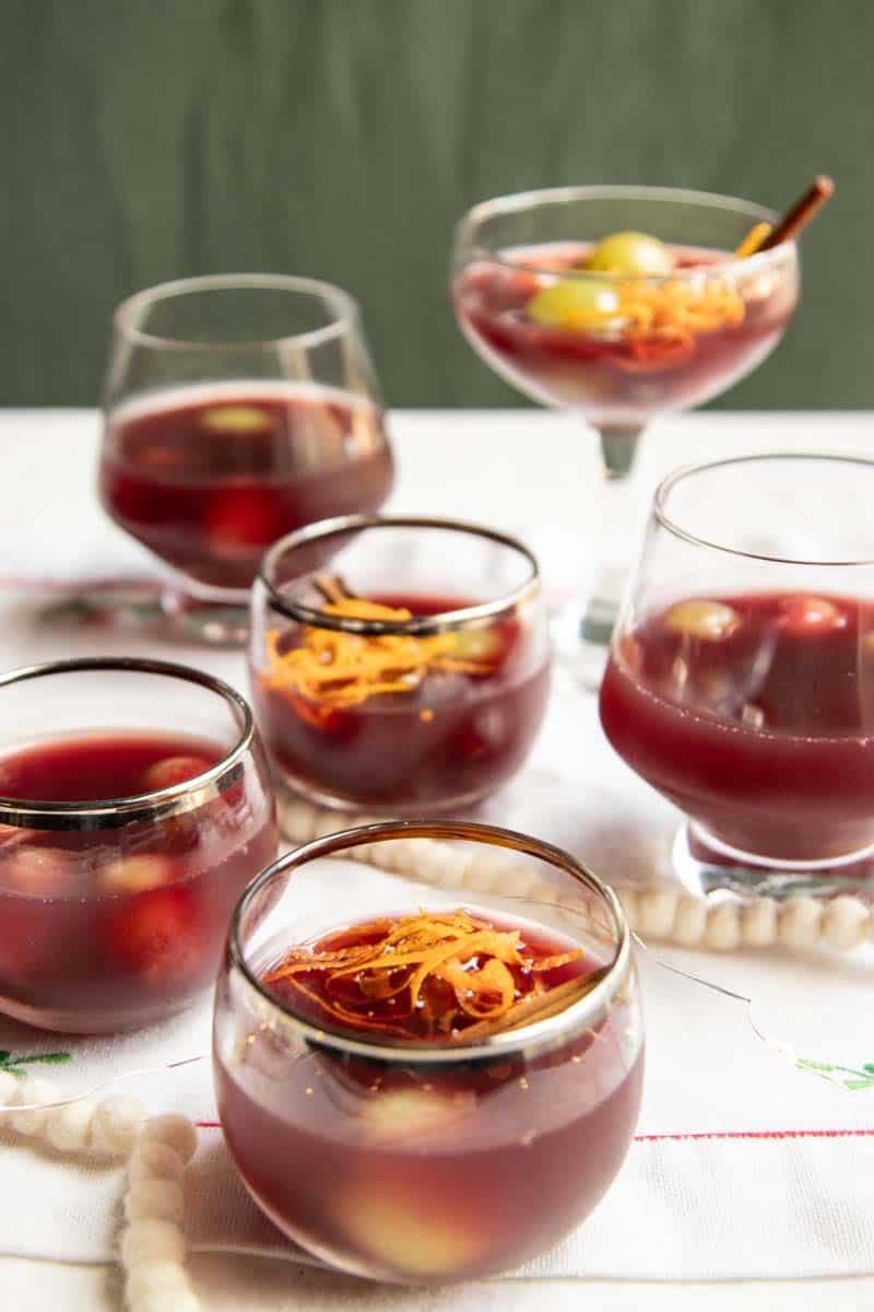 Glasses of red wine holiday punch.