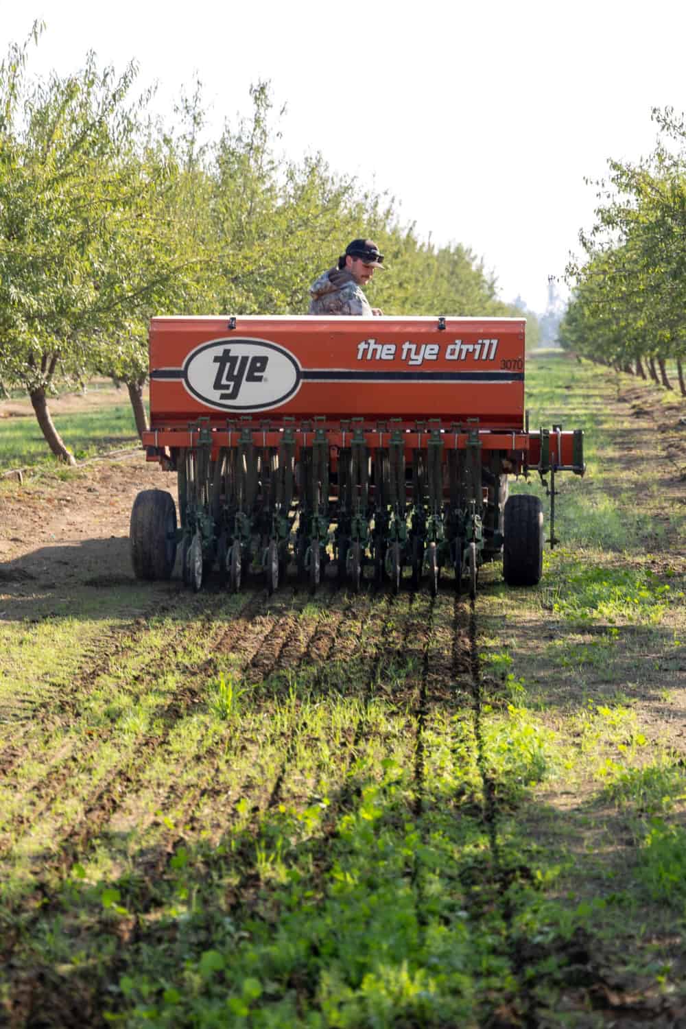 students riding a tractor at the Fresno State orchard