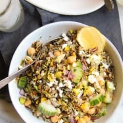 Close up of a bowl of Jennifer Aniston's viral salad made with wild rice.