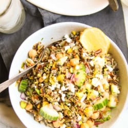 Close up of a bowl of Jennifer Aniston's viral salad made with wild rice.