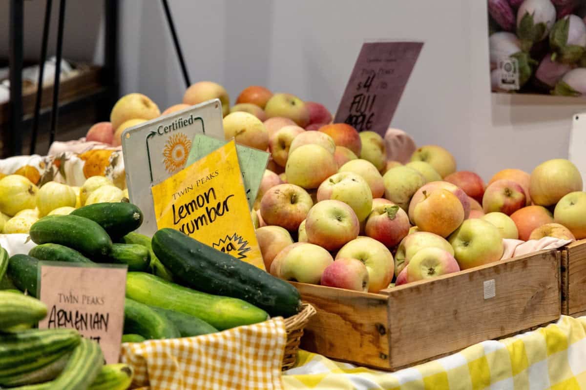 apples and cucumbers on display at Twin Peaks Orchards