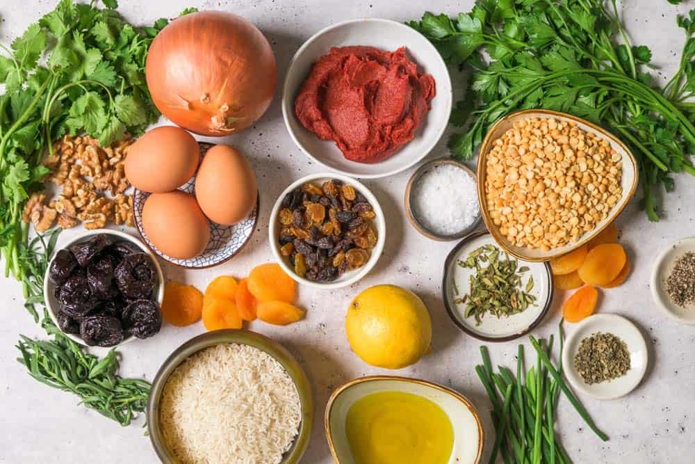 Ingredient layout to make Azizam-Inspired Meatballs with Dried Fruit & Walnuts.
