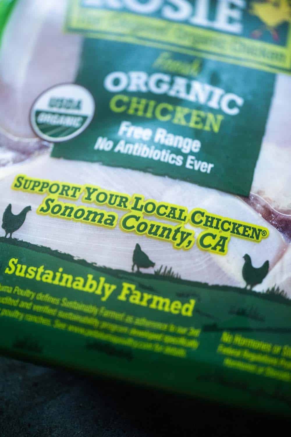 Package with whole chicken showing it is from California.
