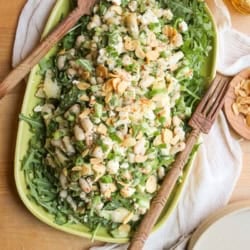 Looking down into a platter of dense bean salad.
