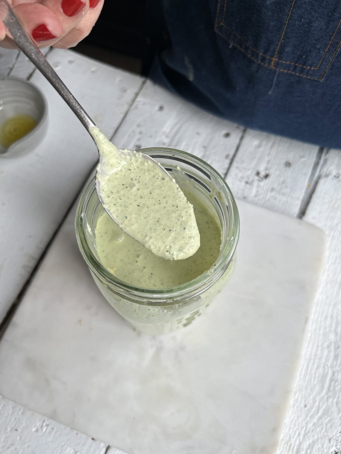 Teri's creamy olive dressing in a jar