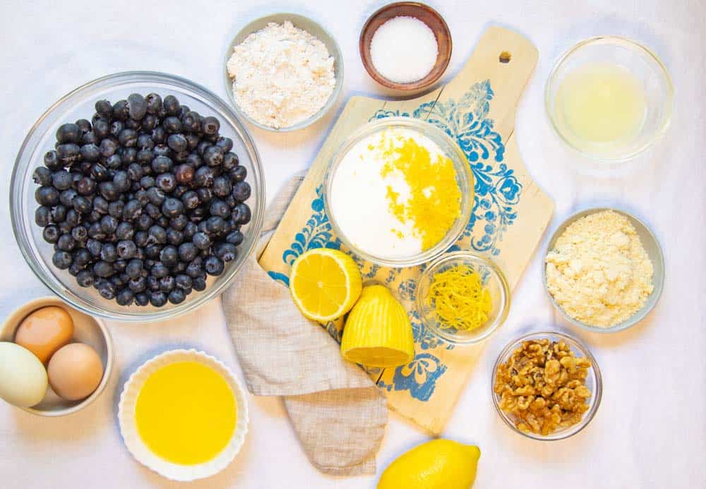 Ingredients to make blueberry cobbler.