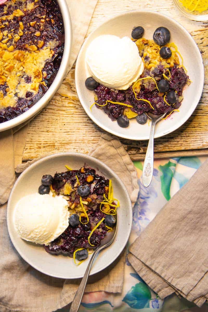 Lemon-laced blueberry cobbler ready to serve.
