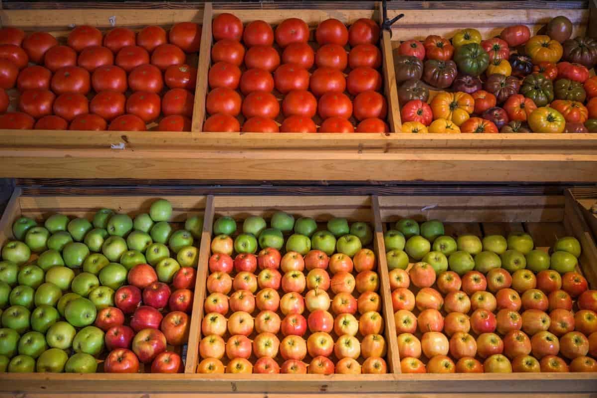 fruit in boxes in a fruit stand
