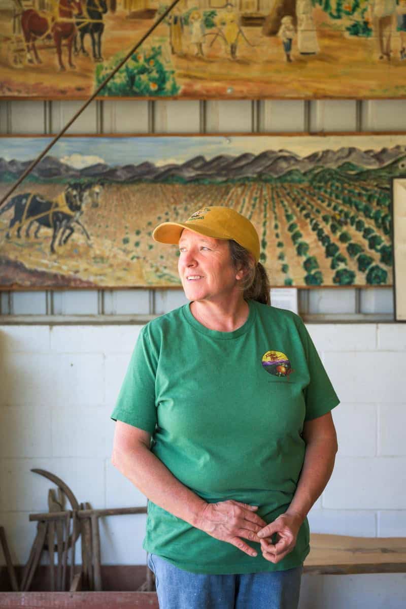 Picture of a woman in green shirt standing in front of a mural