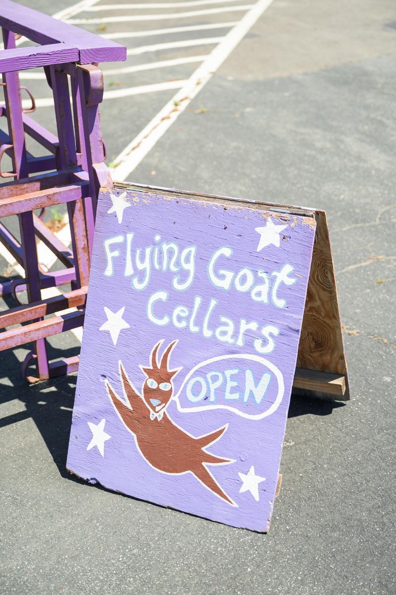 purple sign that reads "flying goat cellars, open" with a painting of a goat
