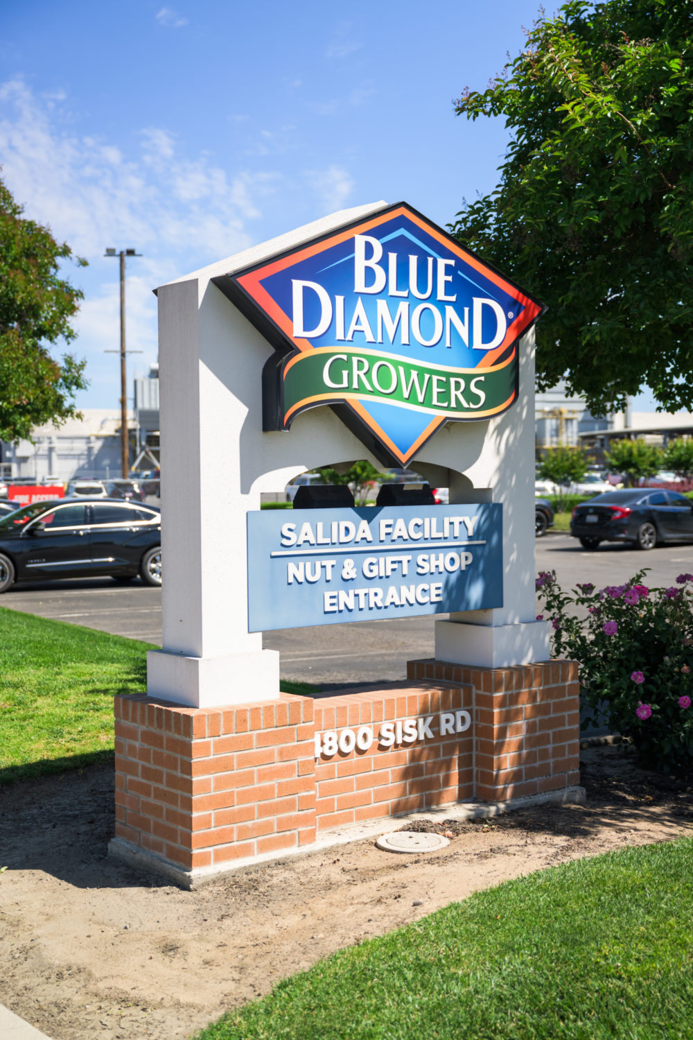 Blue Diamond sign at the entrance of their Modesto processing facility and gift shop