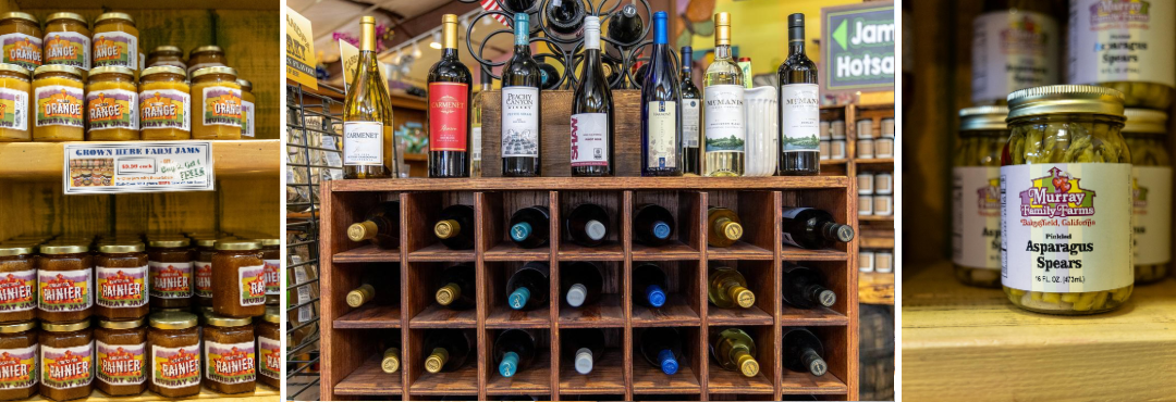some of the jarred goods and California wine sold at Murray Family Farms