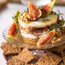 Close up of Goat Cheese Fig Honey Walnut Stack.